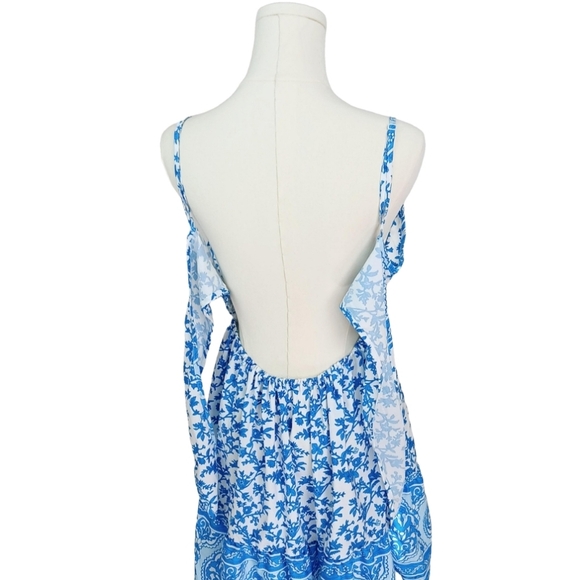 SHEIN Boho Blue & White Print Dress S V-Neckline Fit-and-Flare Crochet Mini - Picture 5 of 6